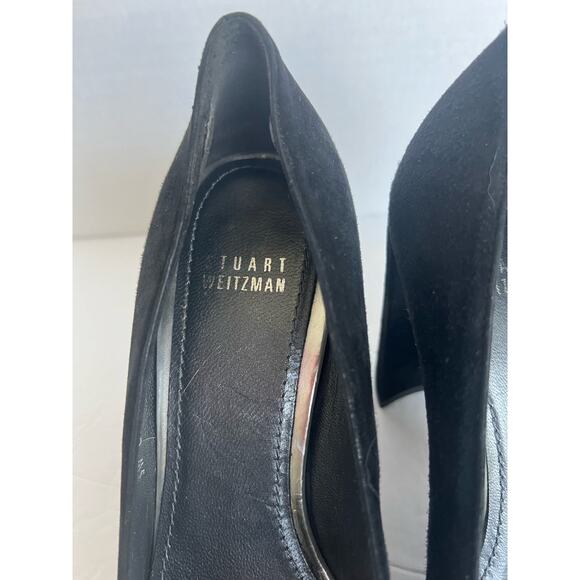 Stuart Weitzman Black Suede Almond Toe Block High Heel Slip On Pump Shoes 8.5M - Picture 5 of 11